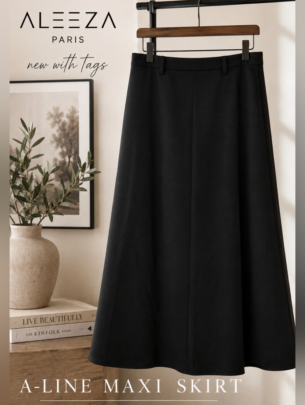 Aleeza Paris Black Tailored A-Line Maxi Skirt Size L NWT